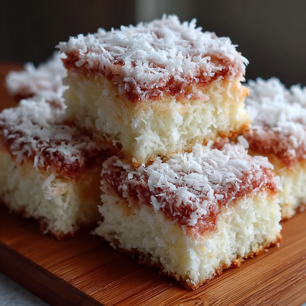 A stack of pink coconut snowball cake bars.