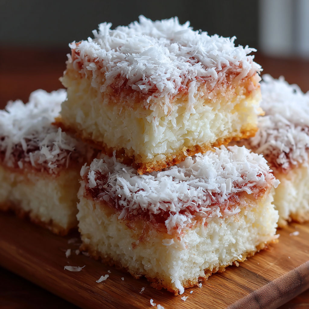 A stack of pink coconut snowball cake bars.