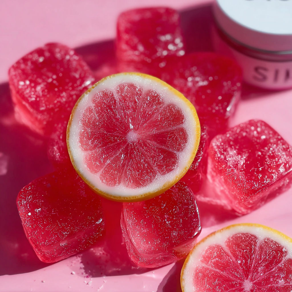 A pink table with a jar of raspberry lemonade gummies.