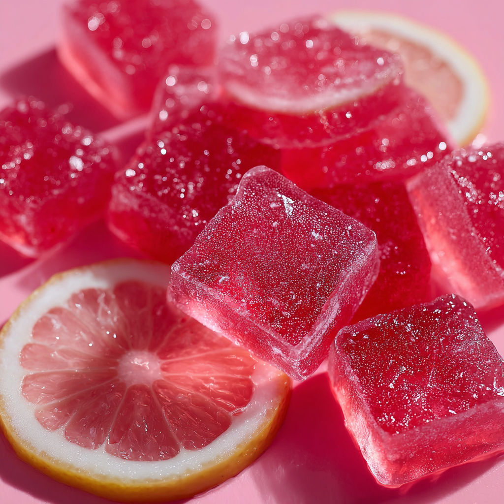 A plate of pink and red frozen fruit.