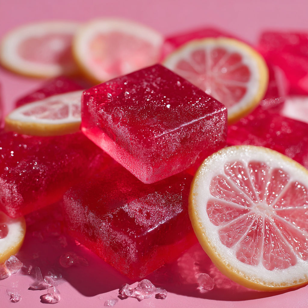 A pink background with a stack of red and white frozen lemonade cubes.