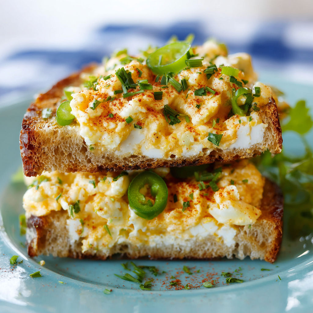 A slice of toast with egg salad on top.