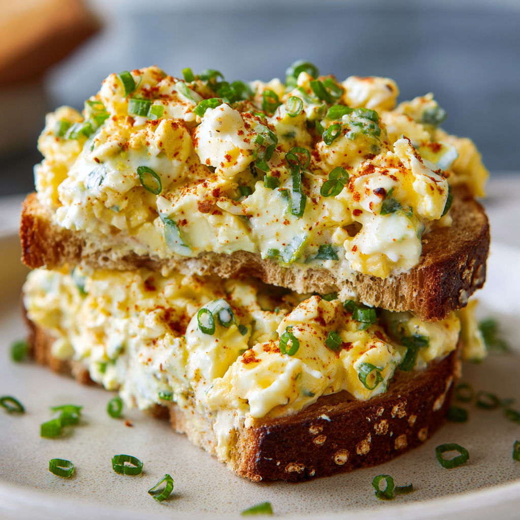 A sandwich with egg salad on toast.