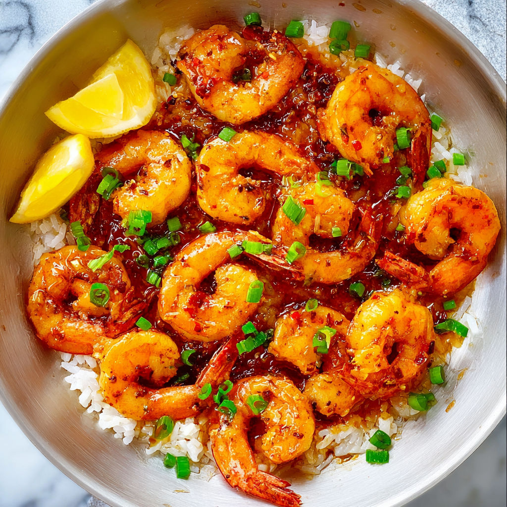 A bowl of shrimp with orange chili sauce.