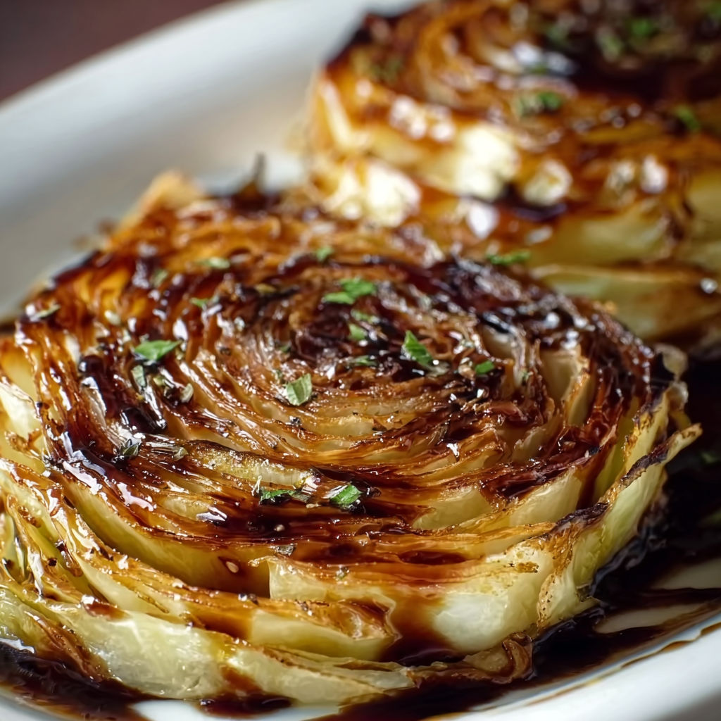 A plate of flavor-packed honey balsamic cabbage steaks.