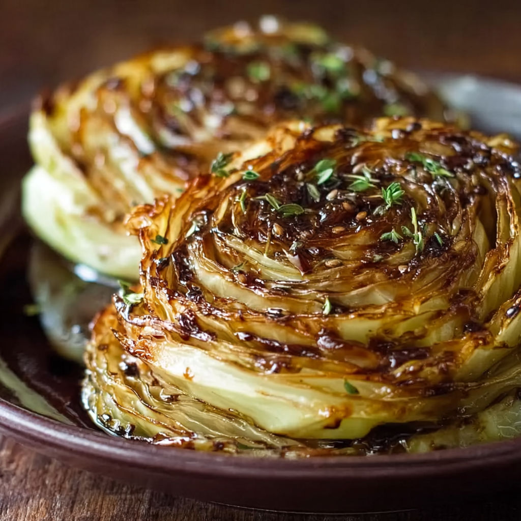 A plate of flavor-packed honey balsamic cabbage steaks.