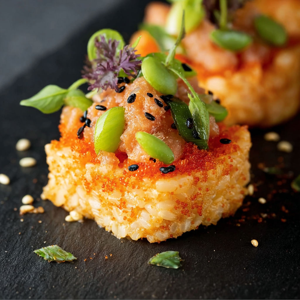 A small piece of food with a green bean on top.