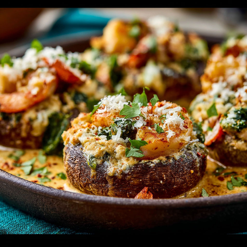 A dish of stuffed mushrooms in a creamy sauce.