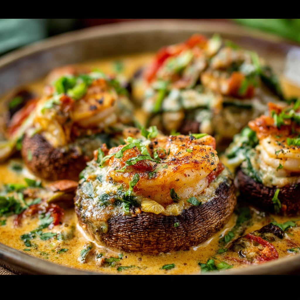 A plate of stuffed mushrooms in a creamy sauce.