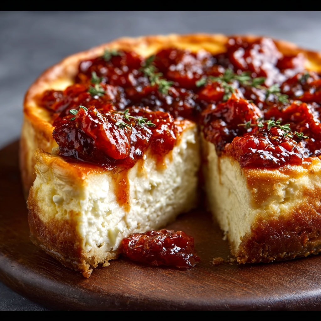 A slice of cheesecake with a roasted tomato jam.