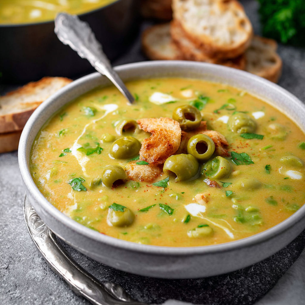 A bowl of soup with green olives and bread.