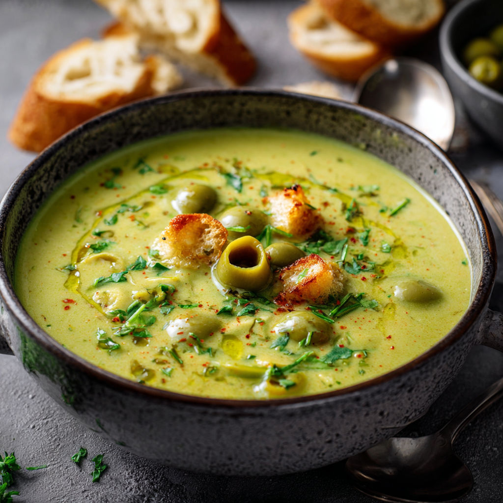A bowl of soup with vegetables and bread.