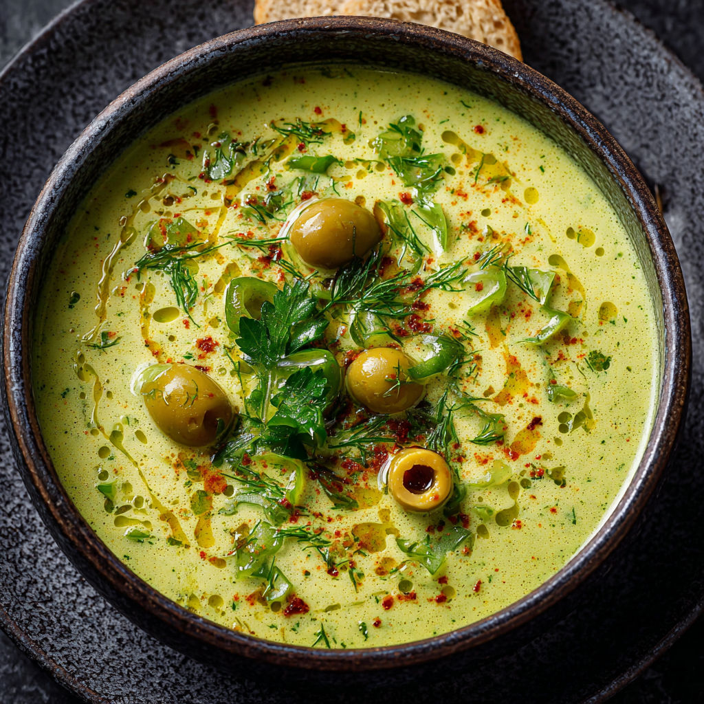 A bowl of soup with olives and herbs.