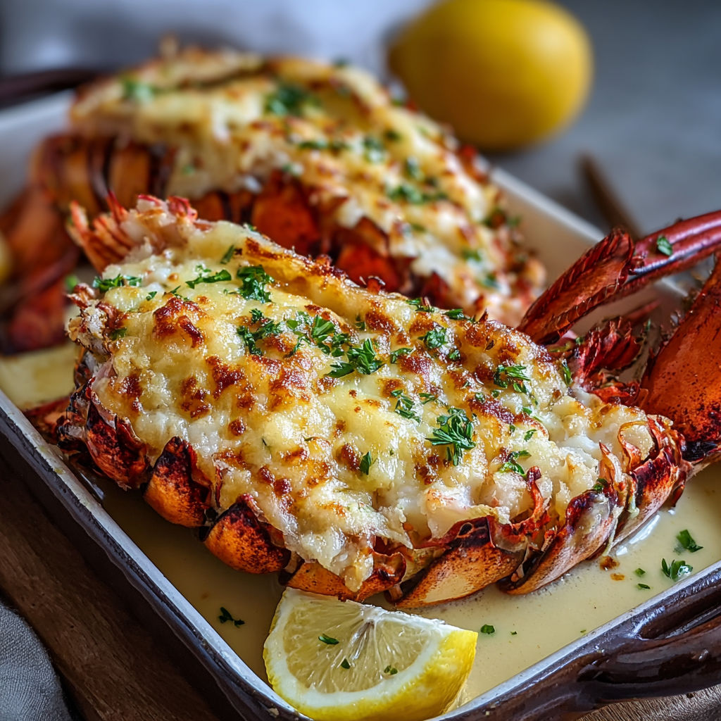 A plate of lobster thermidor with lemon wedges.