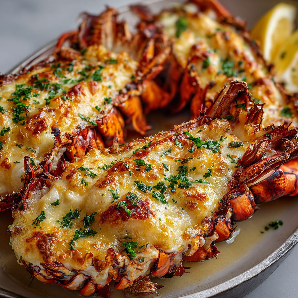 A plate of cooked lobster with lemon wedges.