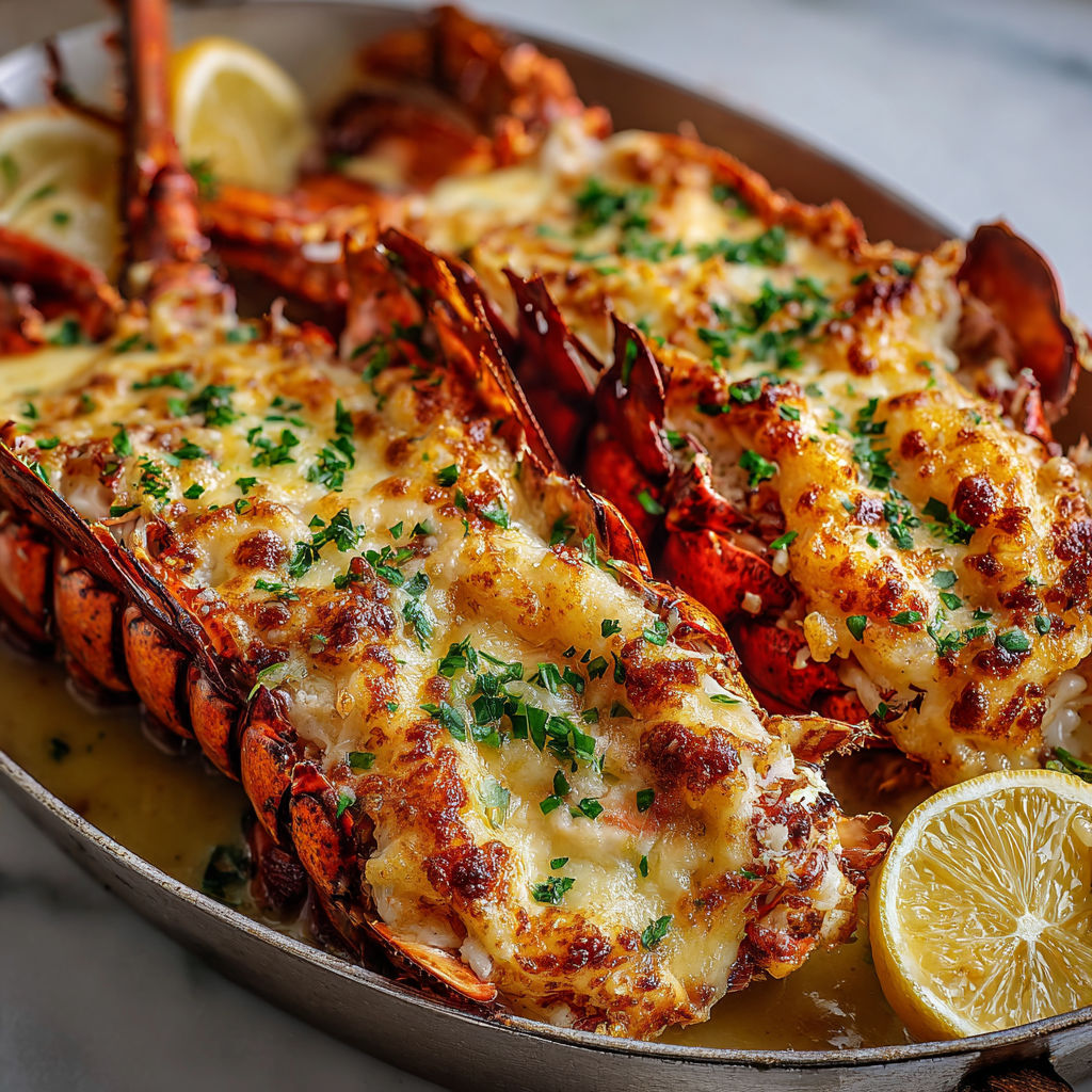 A pan of lobster with lemon wedges and herbs.