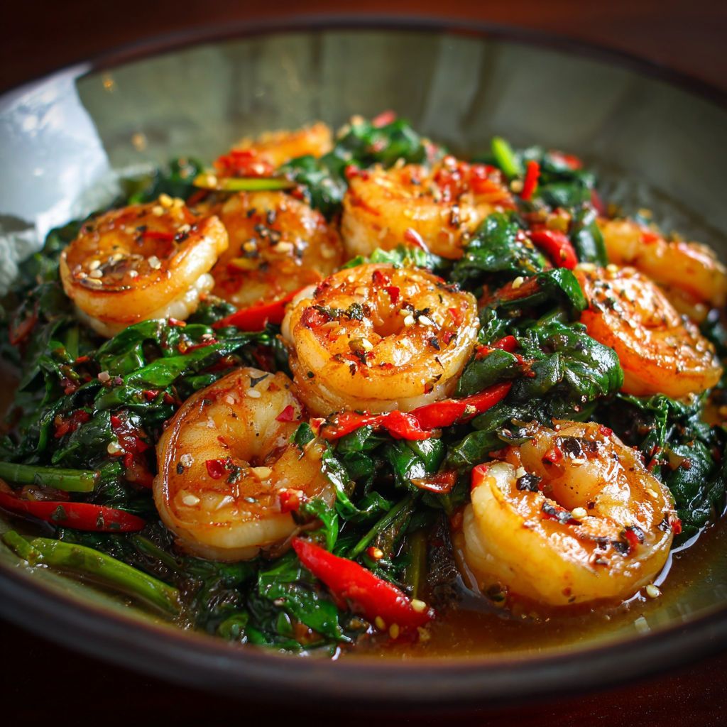 A bowl of shrimp and greens.