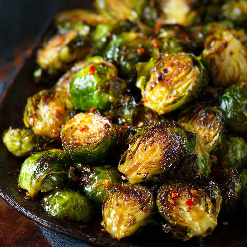 A pan of roasted Brussels sprouts with a sweet chili sauce.