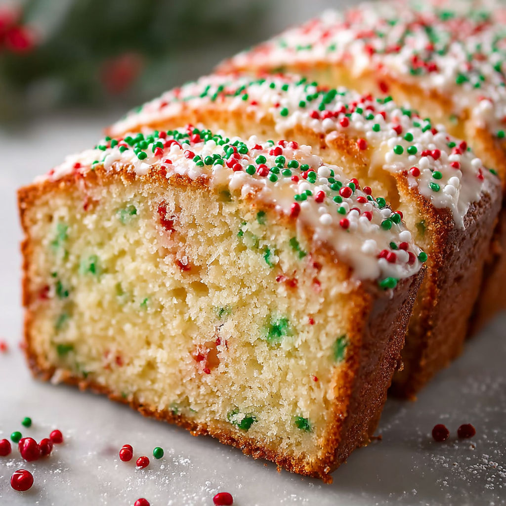 A slice of cake with white frosting and red and green sprinkles.