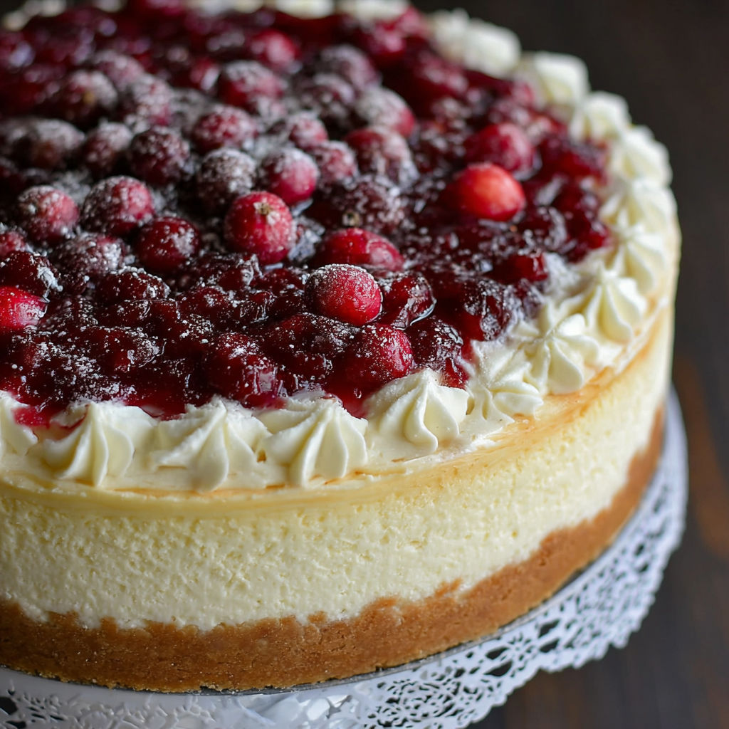 A slice of Christmas cheesecake with berries on top.