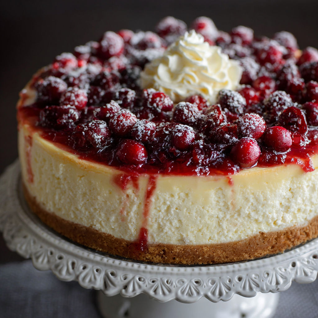 A slice of cake with white frosting and red berries.