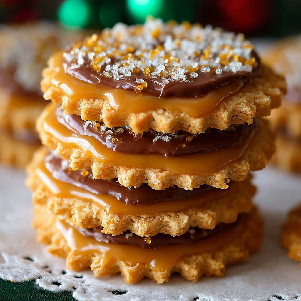 A stack of cookies with chocolate drizzle.