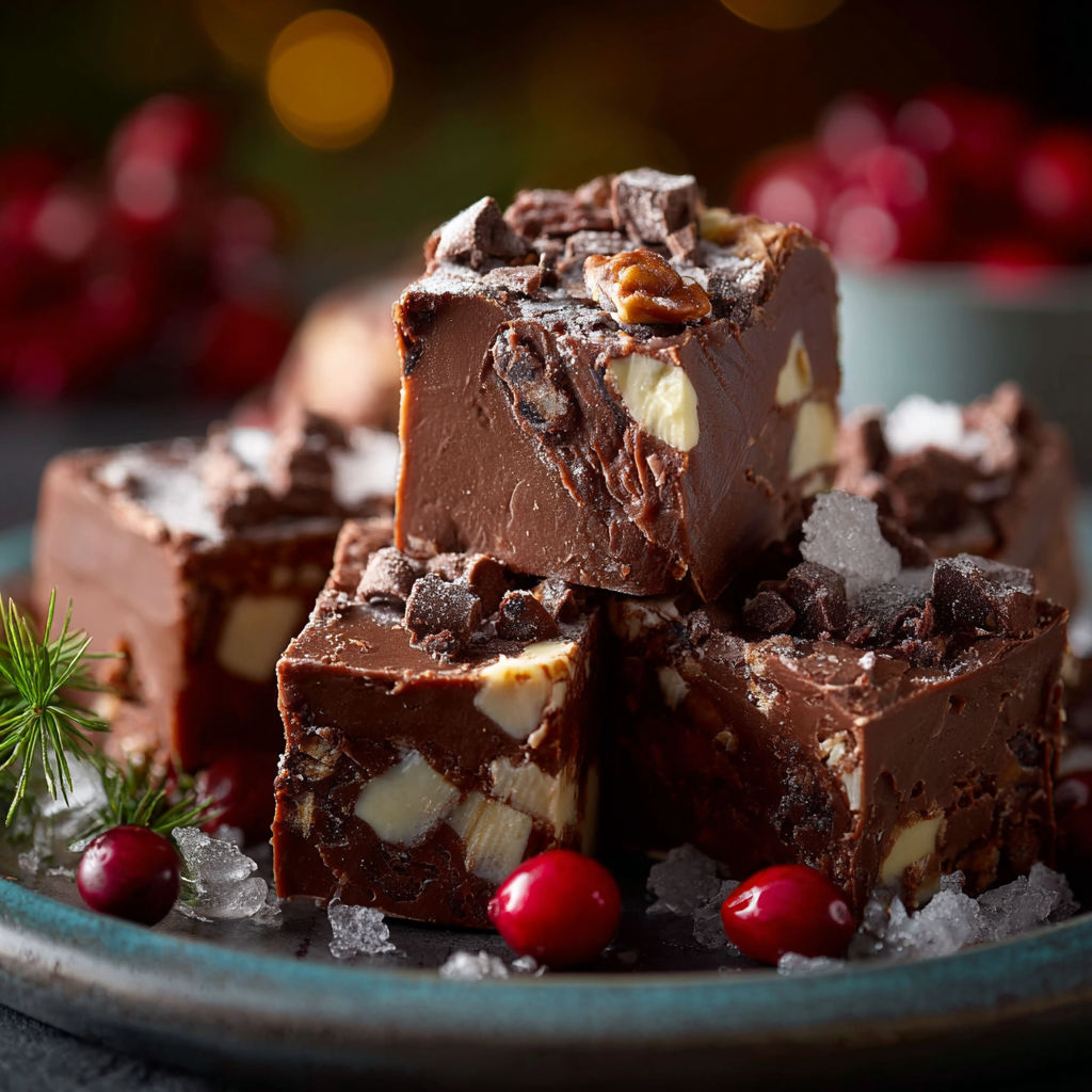 A plate of chocolate dessert with nuts and cranberries.