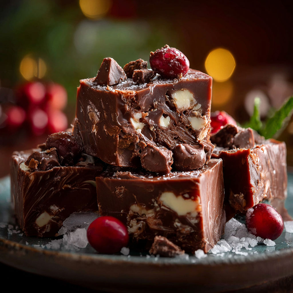 A chocolate dessert with white icing and red berries.