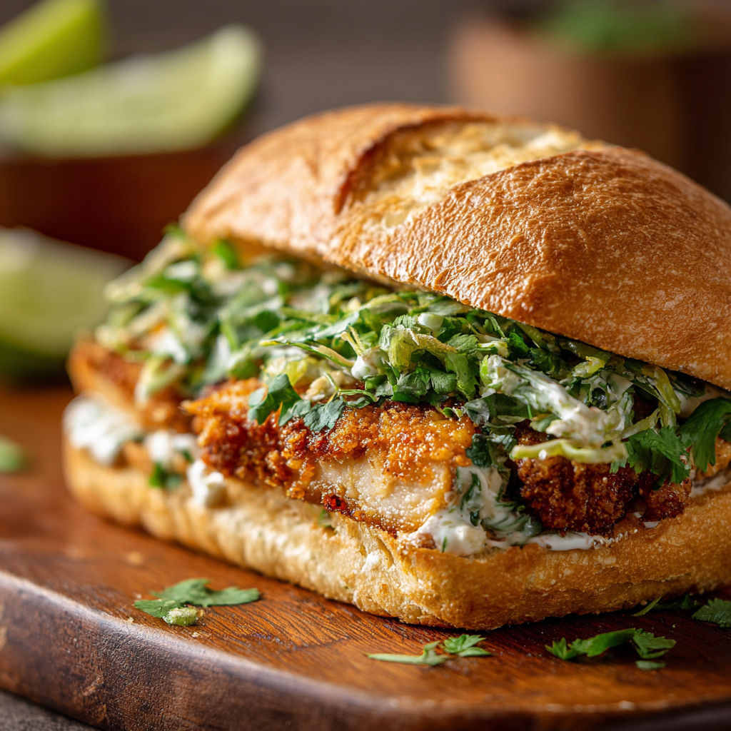 A sandwich with lettuce and tomato on a wooden cutting board.