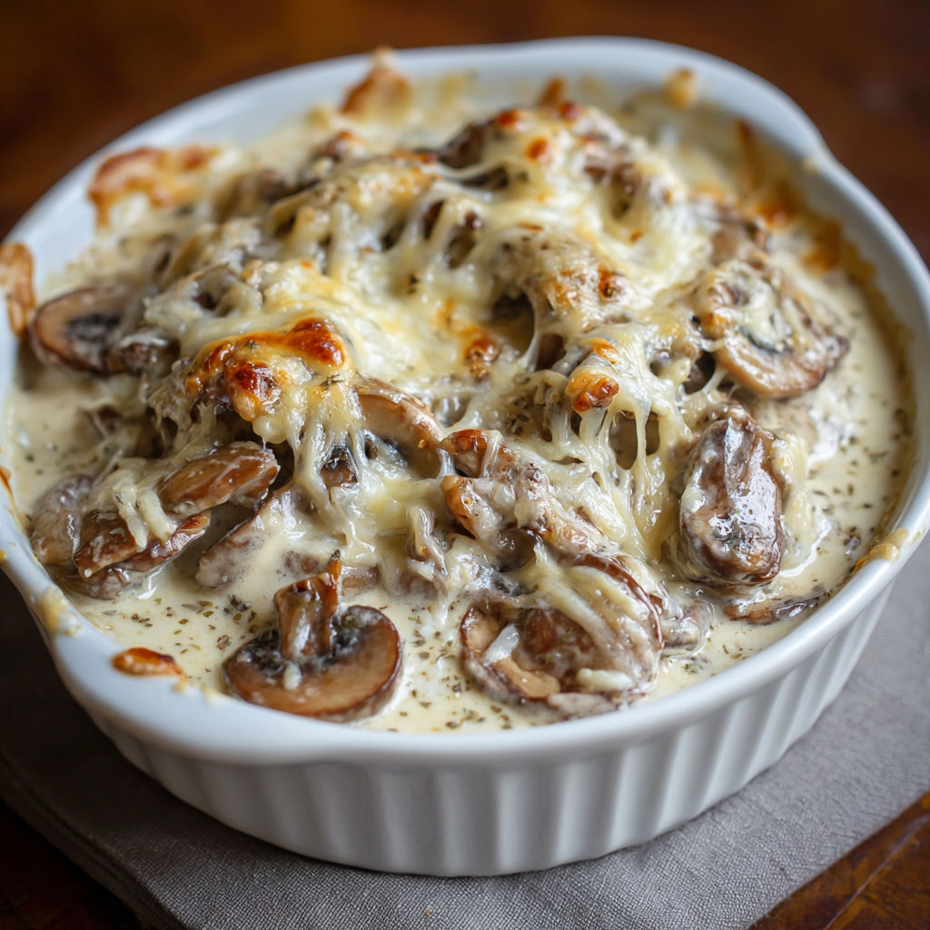 A white bowl filled with mushrooms and cheese.