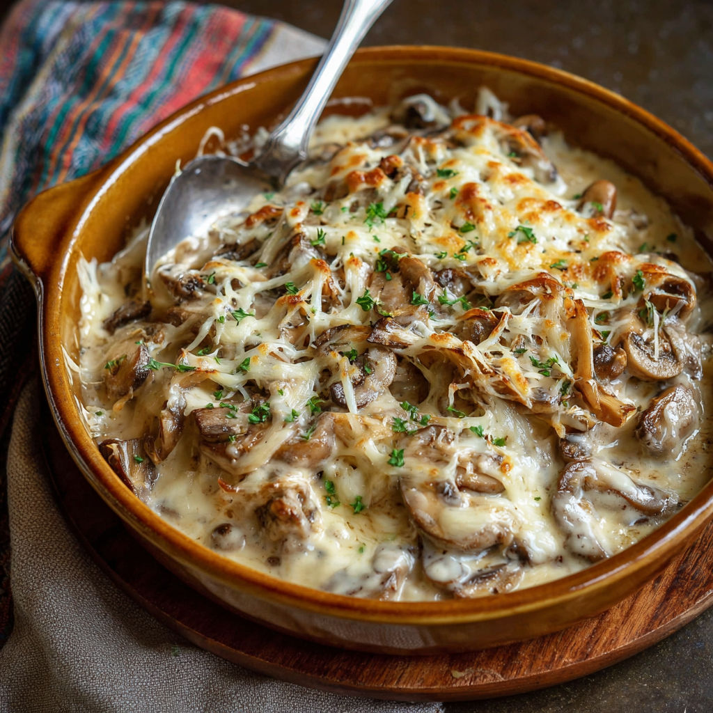 A bowl of mushrooms with a spoon in it.