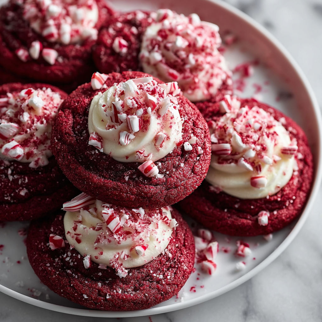 A plate of red velvet cupcakes with white frosting and red sprinkles.