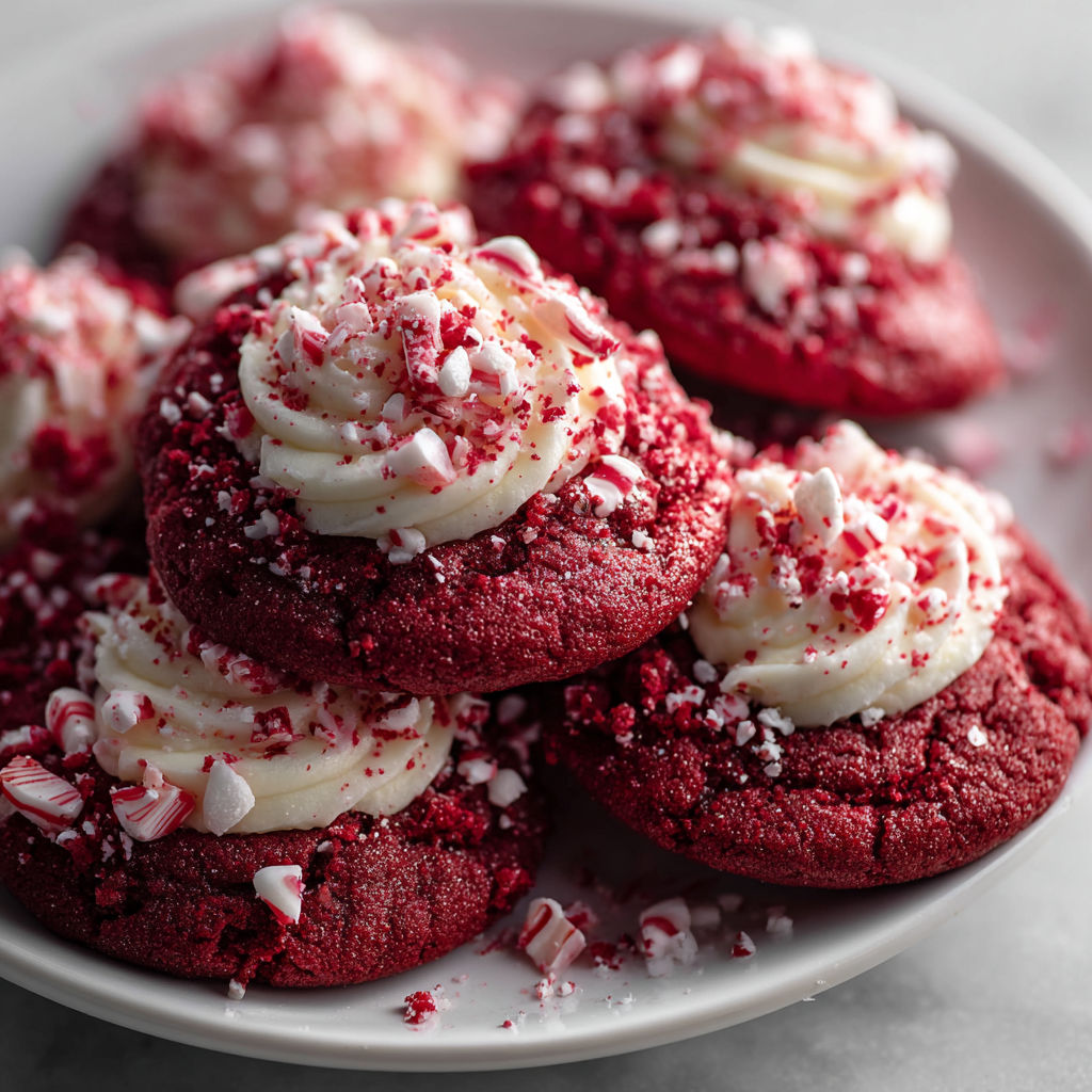 A plate of red velvet cupcakes with white frosting and red sprinkles.