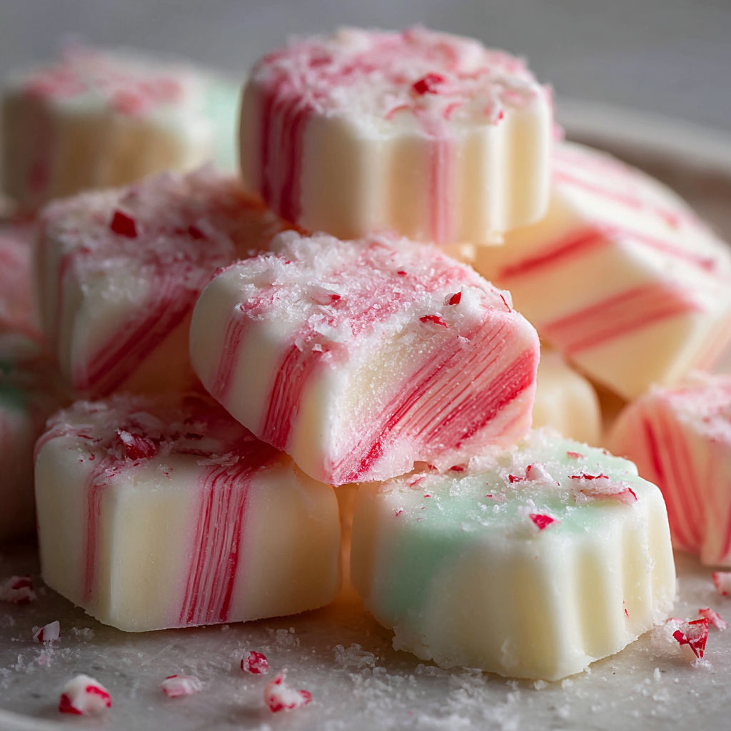 A stack of white and red striped candy.