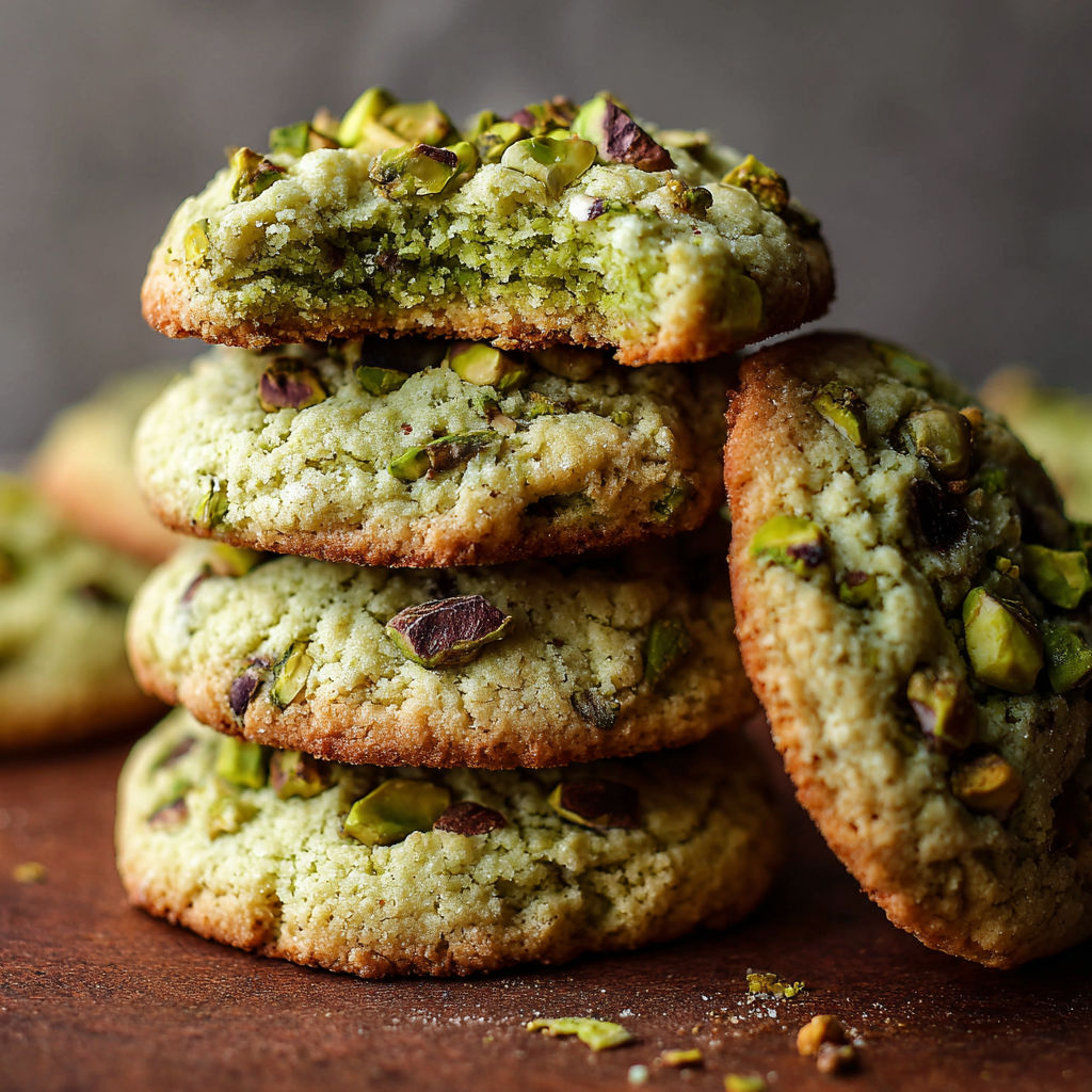 A stack of cookies with pistachio nuts on top.