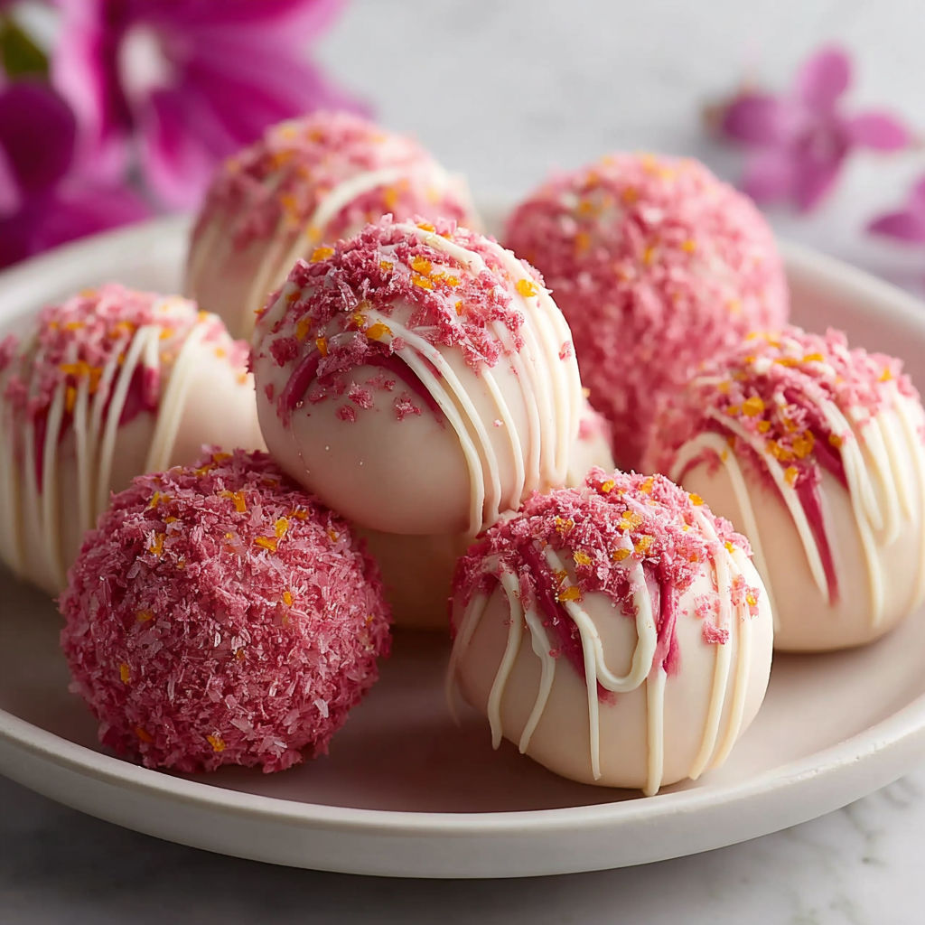 A plate of pink and white balls.