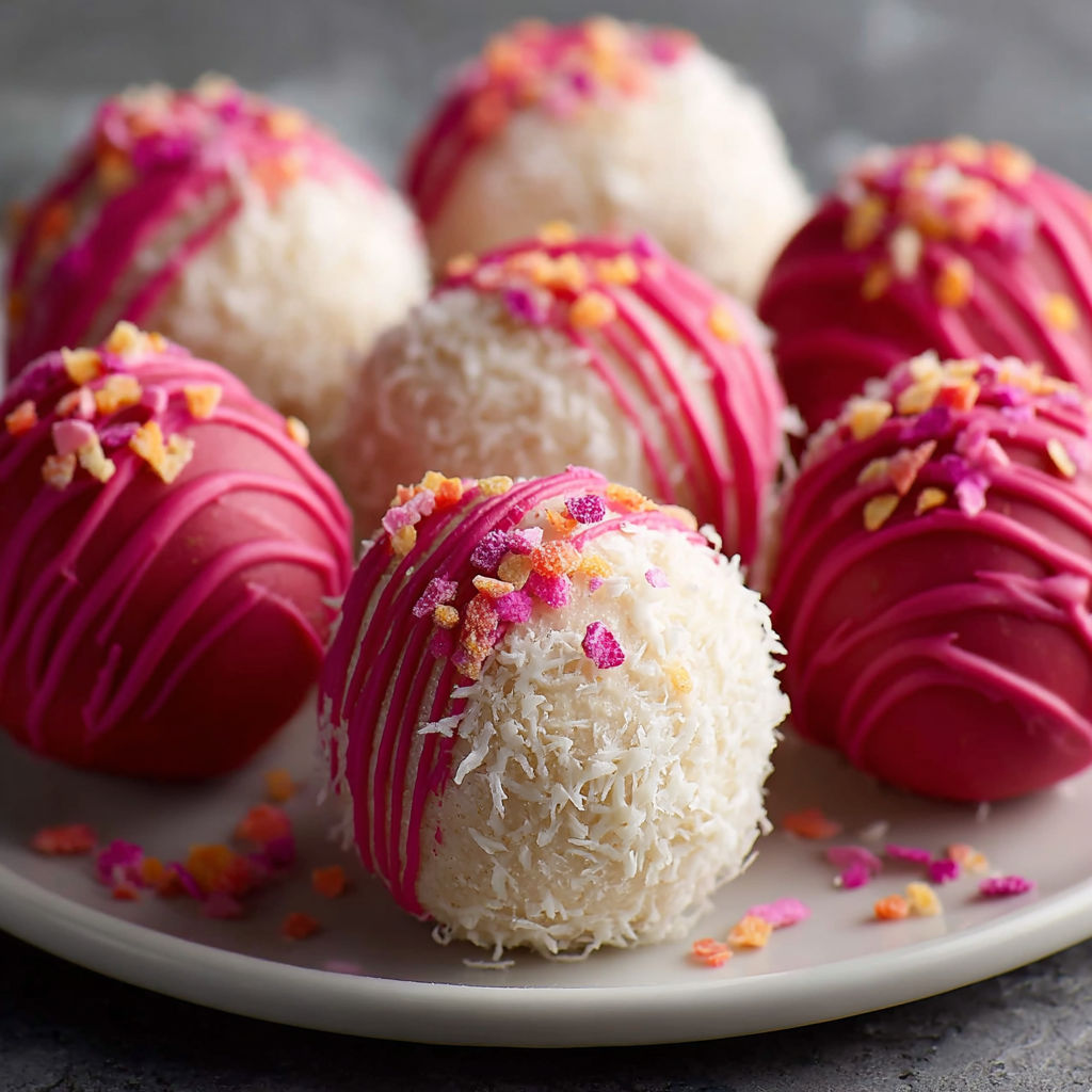 A plate of pink and white balls with sprinkles on top.