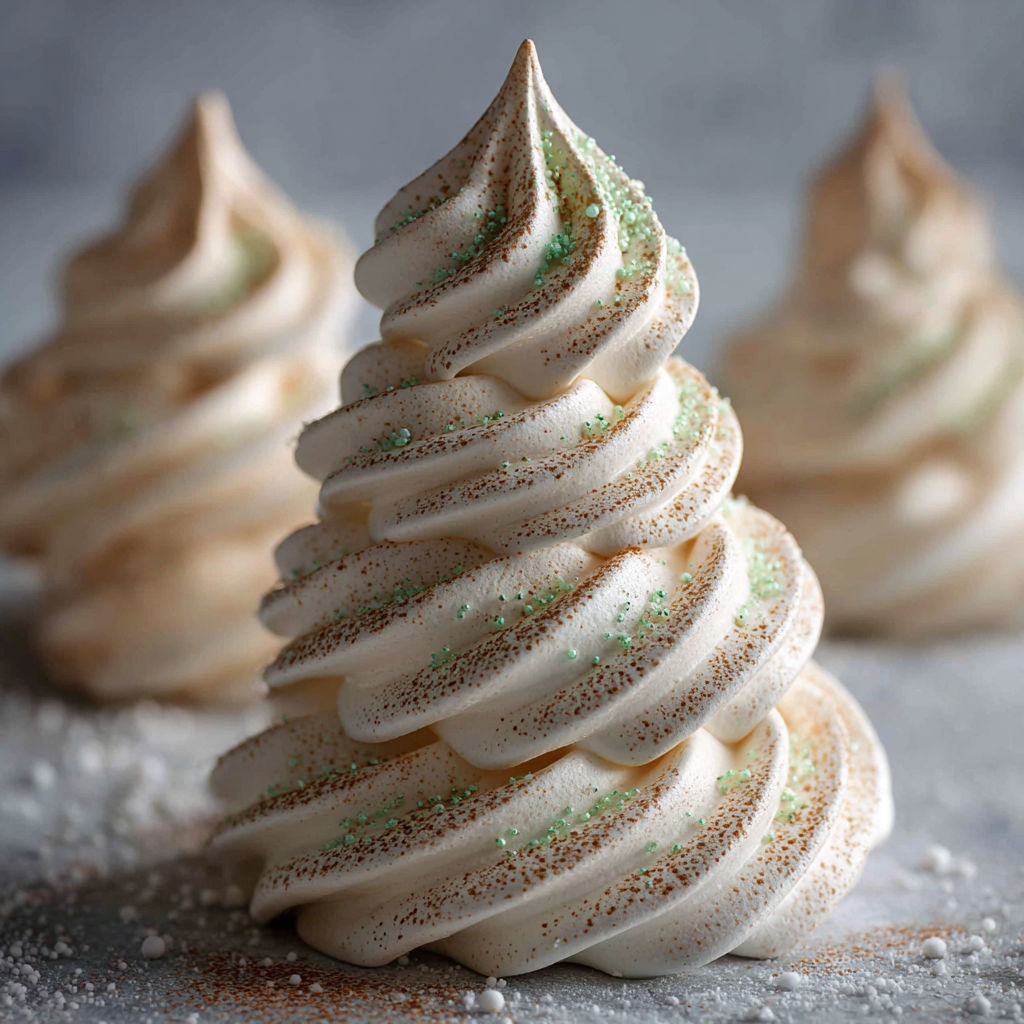 A stack of three meringues with green and white toppings.