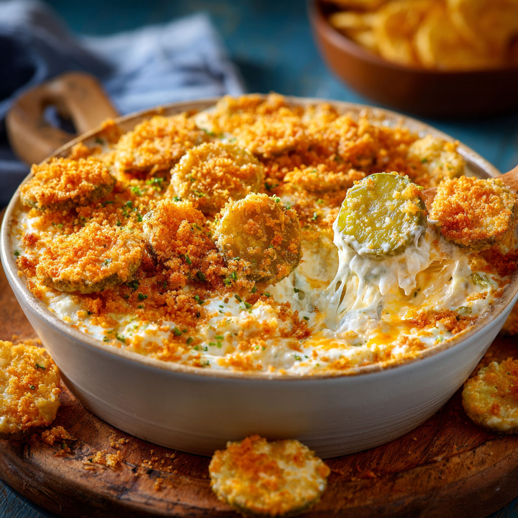A bowl of hot and cheesy fried pickle dip.