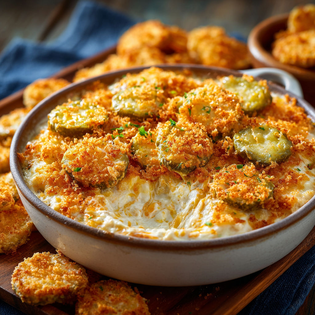 A bowl of hot and cheesy fried pickle dip.