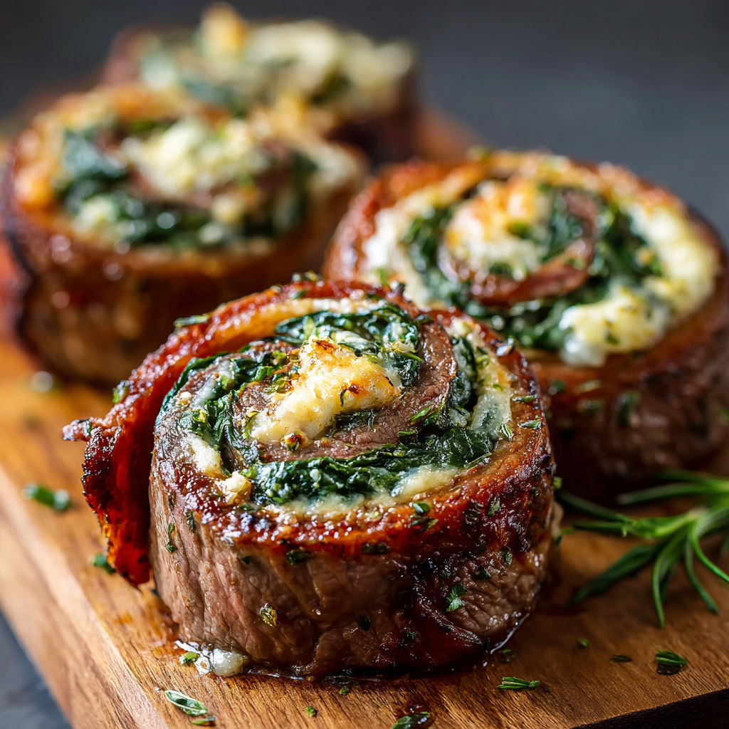 A plate of meat rolls with cheese and spinach.