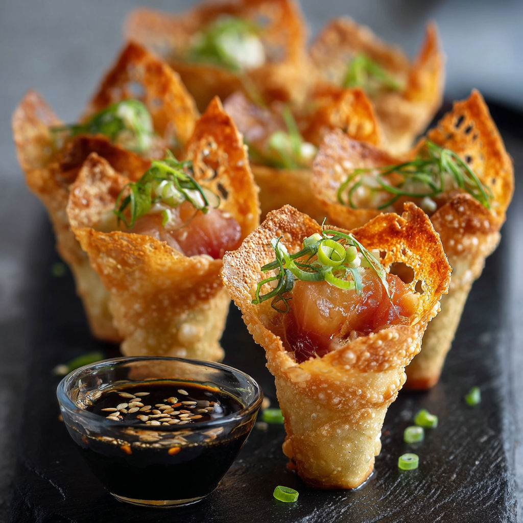 A bowl of sauce with a spoon and a plate of food.