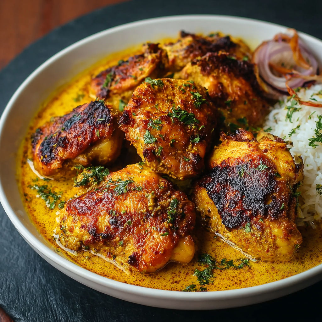 A plate of chicken with rice and vegetables.