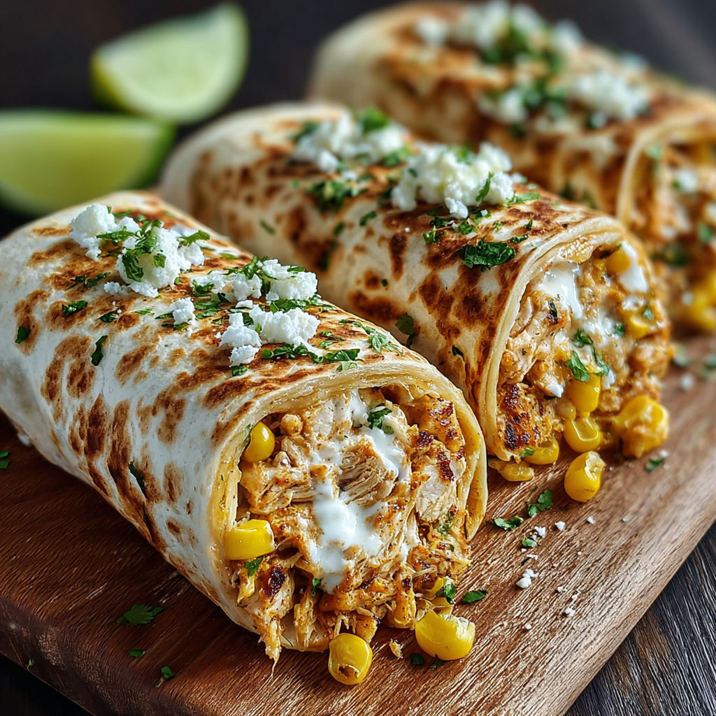 A plate of chicken wraps with corn and cheese.