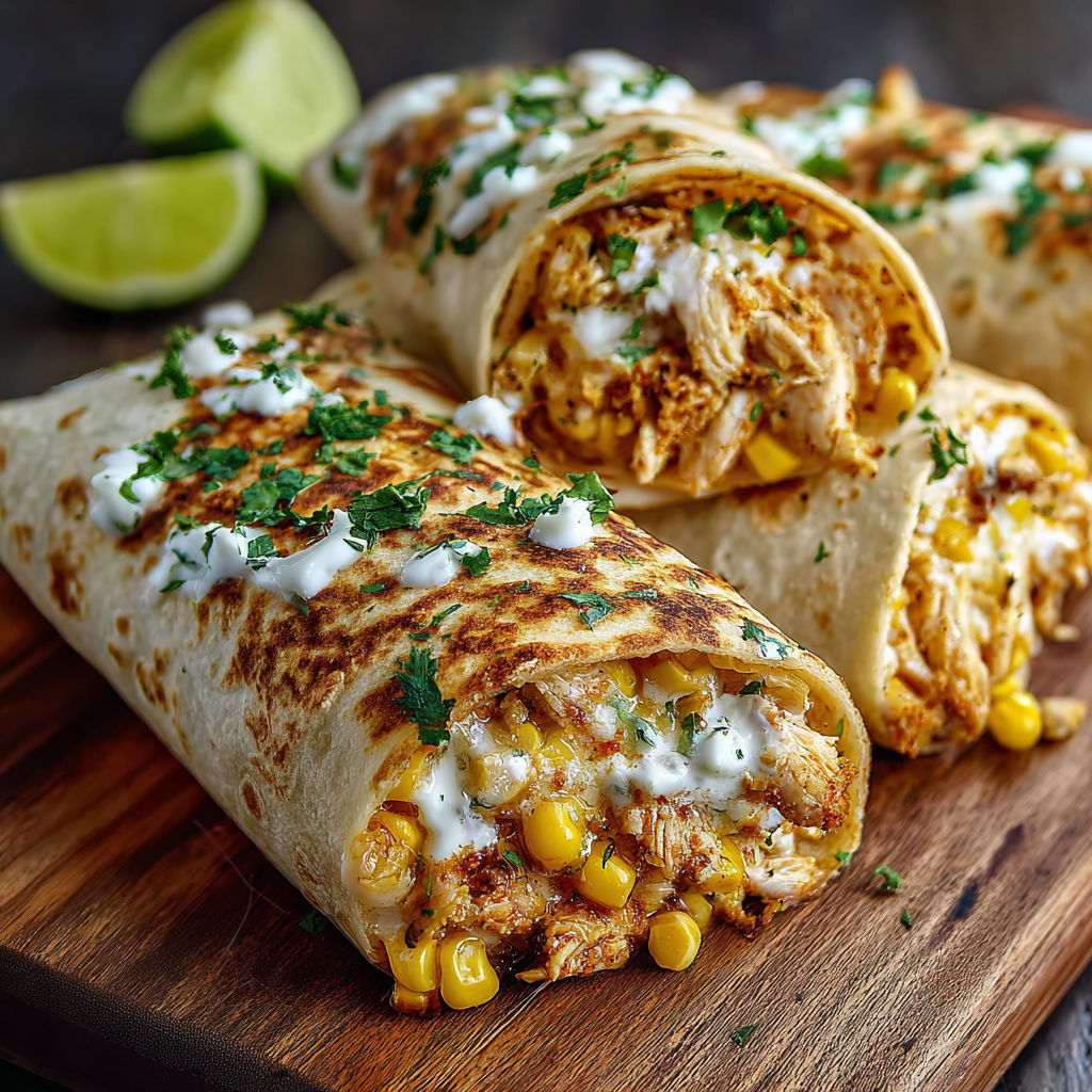 A plate of chicken wraps with corn and lime.