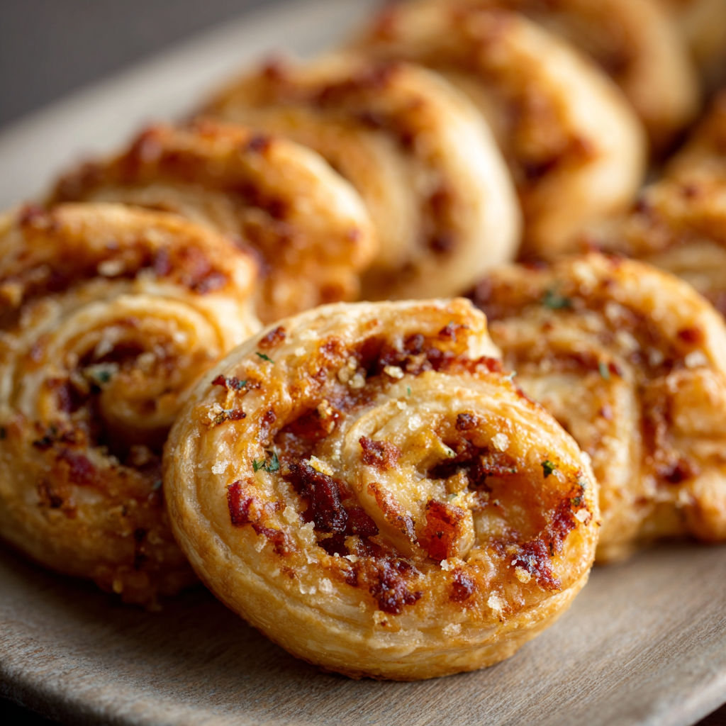 A plate of savory palmiers with bacon, gruyere, and caramelized onions.