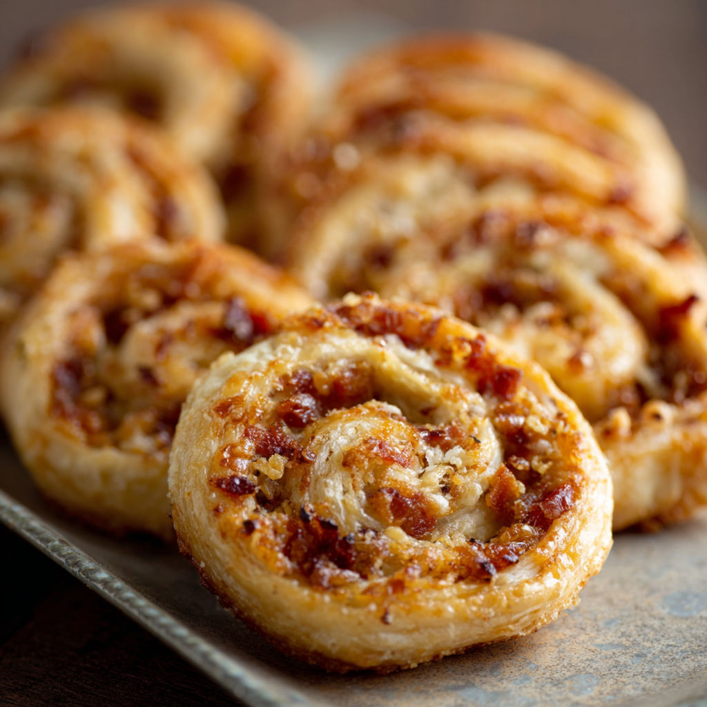 A plate of savory palmiers with bacon, gruyere, and caramelized onions.