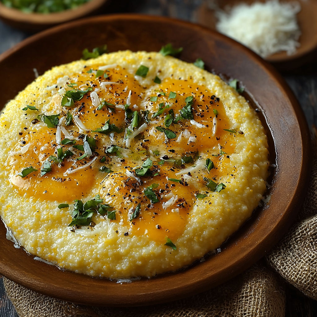 A bowl of grits with cheese and herbs.
