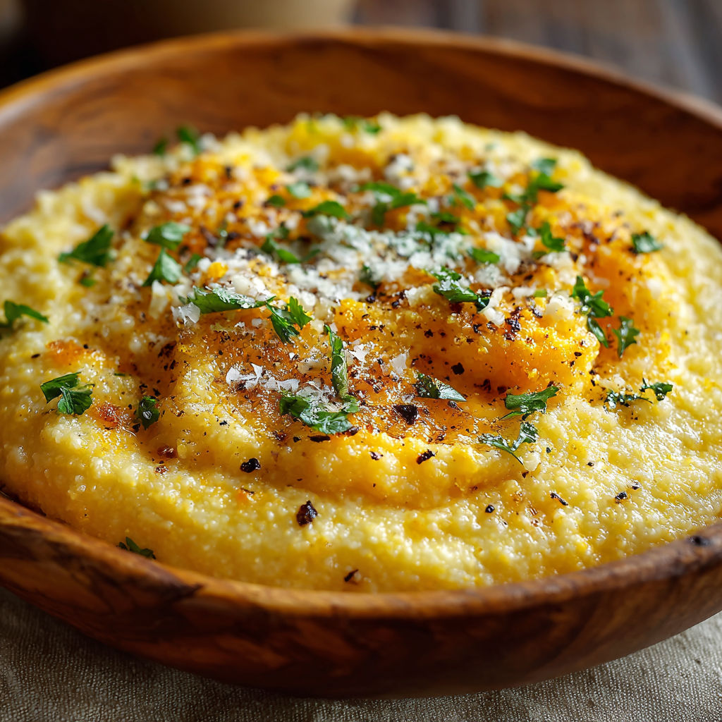 A bowl of grits with cheese and herbs.