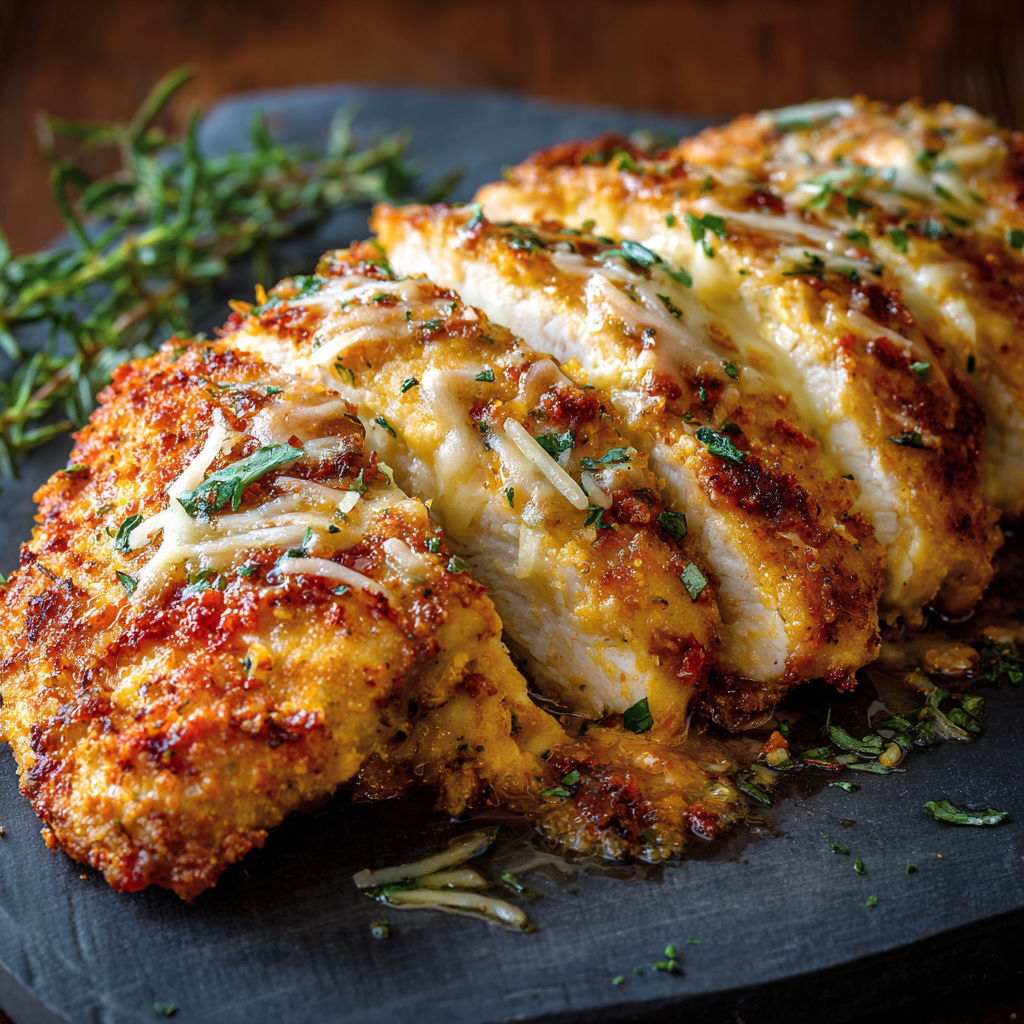 A piece of chicken with cheese and herbs on a plate.